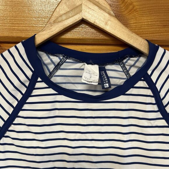 Sperry Top Sider Rash Guard Womens S Swim Shirt White Navy Raglan Sun Beach - Picture 3 of 4